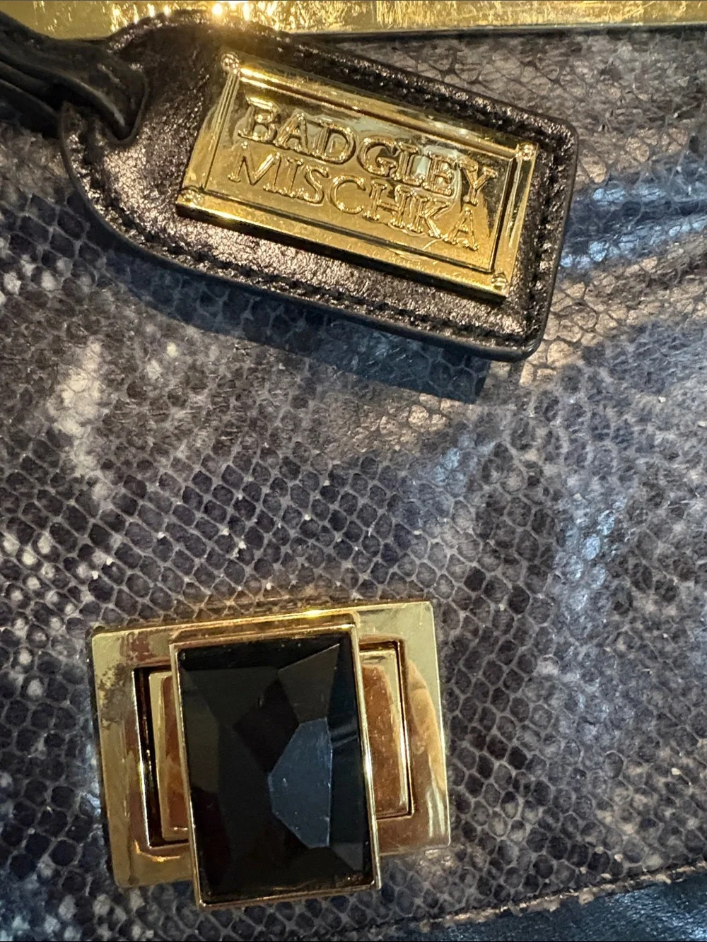 Black Leather and Gray Snake-Print Top Handle Bag